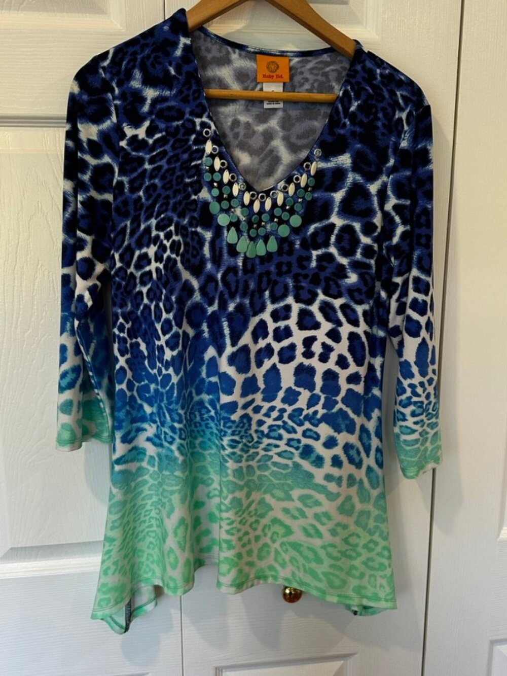 Ruby Rd. Blue & Aqua Animal Print Embellished Tunic – Size Small